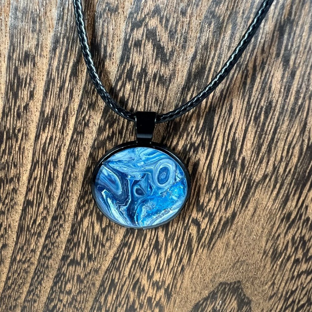 Blue & Black Abstract Acrylic Art Pendant Necklace By MarleeKat Creations - Picture 2 of 2